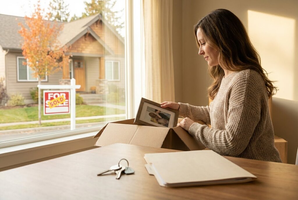 Woman packing a framed family photo into a box, with a "For Sale - Sold" sign visible outside the window.
