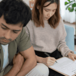 Woman signing divorce documents while a man sits beside her looking down.