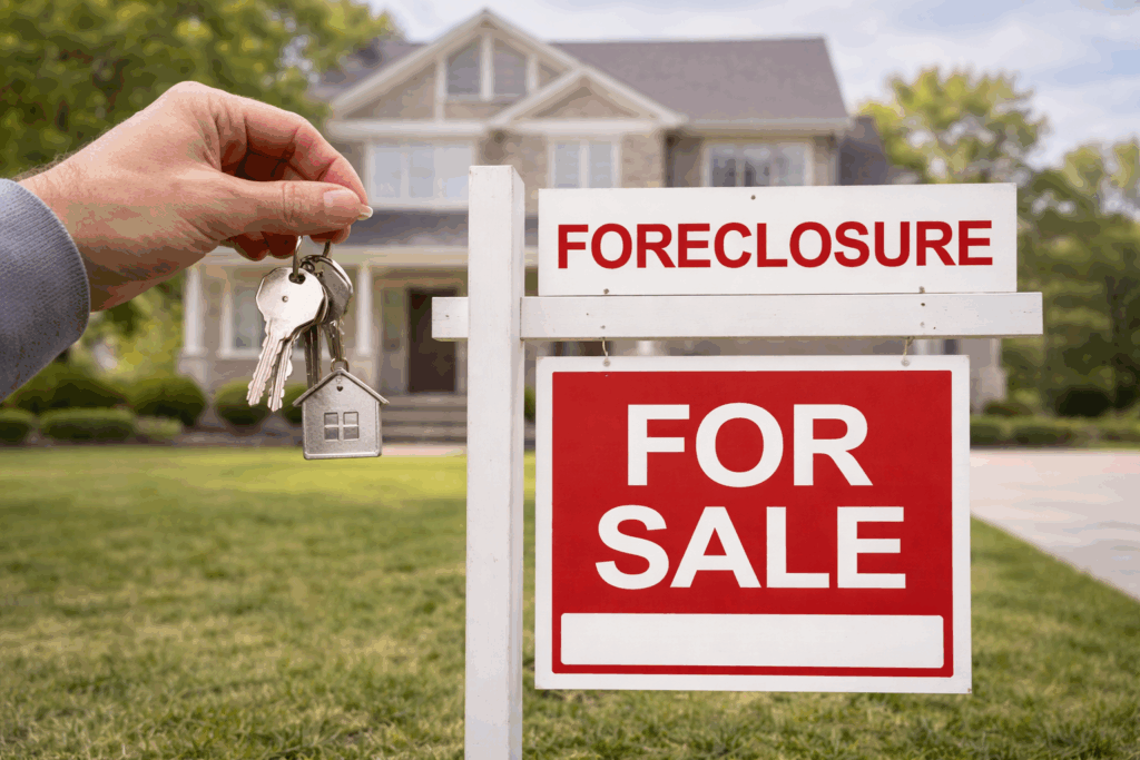 Hand holding house keys in front of a yard sign reading “Foreclosure” and “For Sale” outside a suburban home, symbolizing selling a property before foreclosure.
