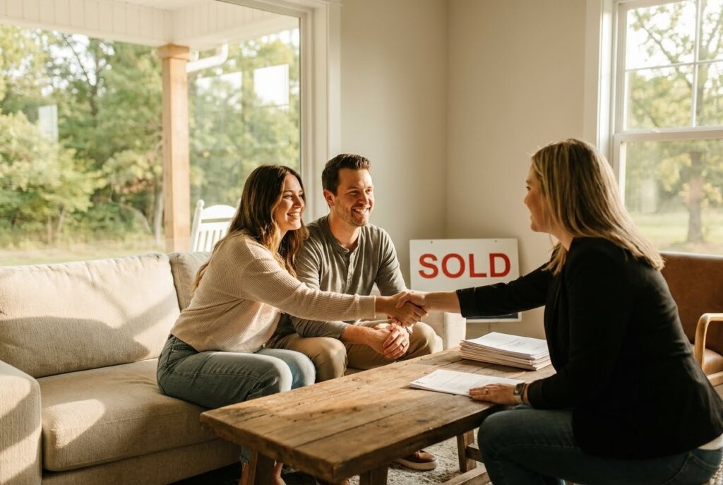 Happy couple shaking hands with a realtor over a “SOLD” sign in a sunlit living room.
