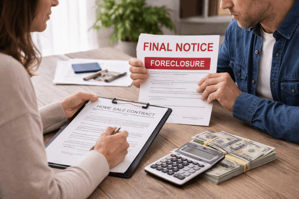 Couple reviewing a home sale contract while holding a foreclosure final notice, with cash and a calculator on the table, representing selling a house before foreclosure.