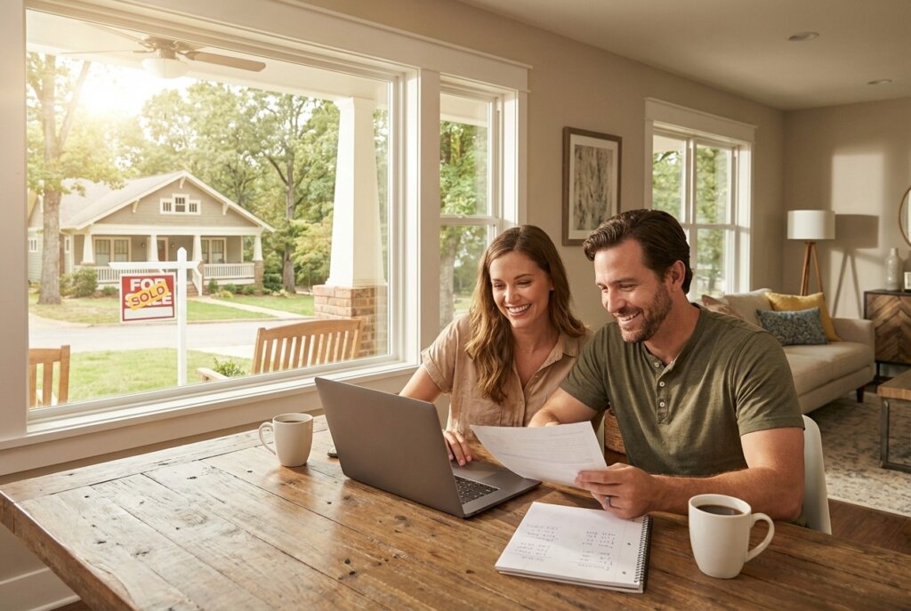 Smiling couple reviewing documents at a table, with a "For Sale" sign and house visible through a large window.