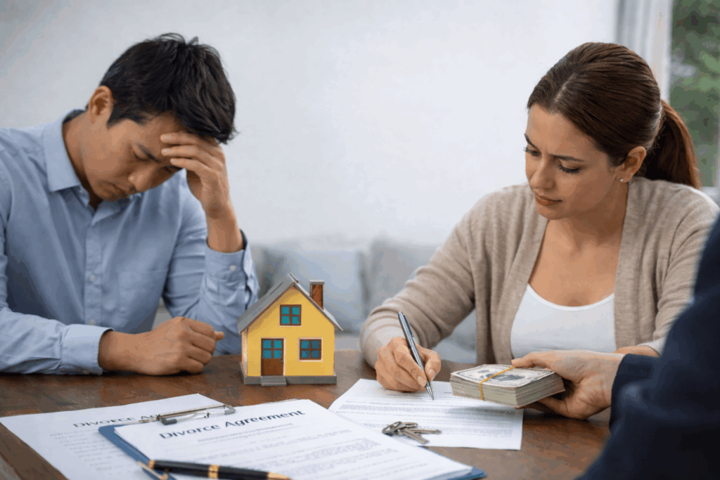 A divorcing couple reviews paperwork at a table with a small model house and cash, symbolizing negotiating a property buyout during divorce.
