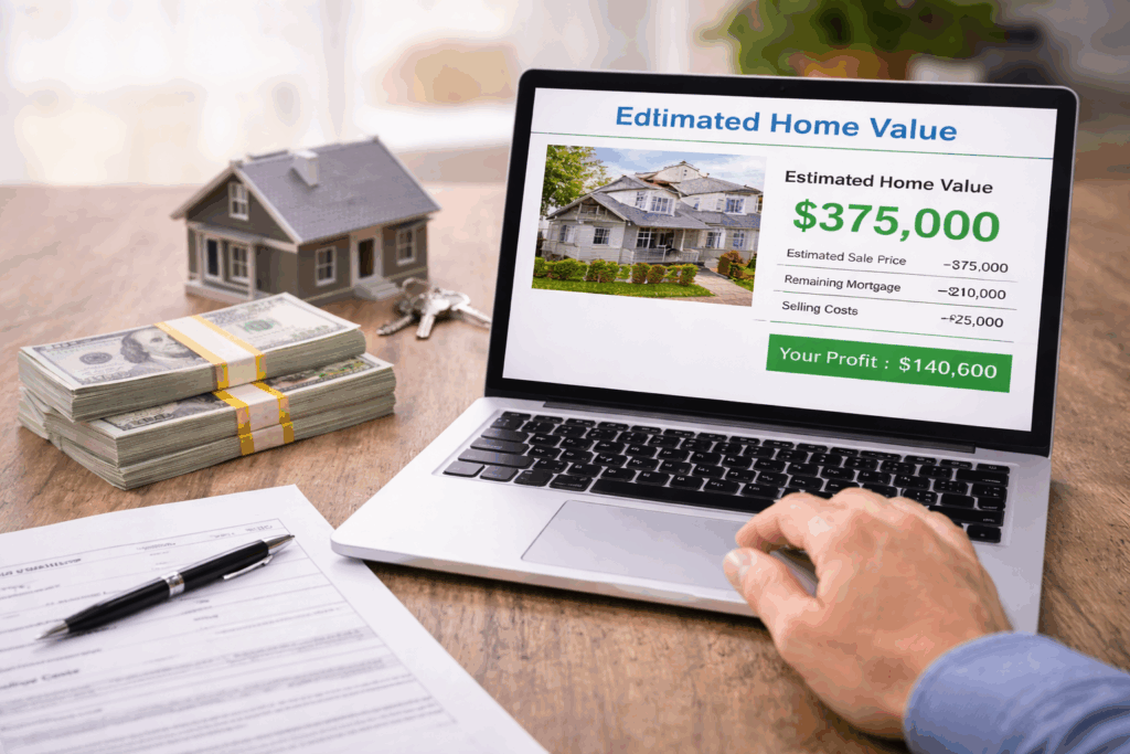  Laptop displaying an estimated home value calculation next to cash, a small house model, keys, and paperwork on a wooden table, representing estimating profit from selling a home.
