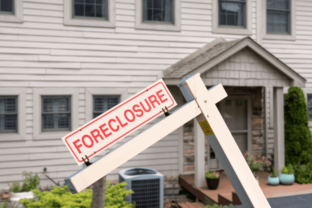 A foreclosure sign hanging on a real estate post in front of a residential home, representing mortgage default and property foreclosure proceedings.