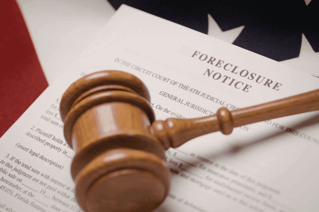 A judge’s gavel resting on a foreclosure notice document with an American flag in the background, symbolizing legal foreclosure action and court proceedings.