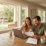 Smiling couple reviewing documents at a table, with a "For Sale" sign and house visible through a large window.