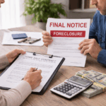 Couple reviewing a home sale contract while holding a foreclosure final notice, with cash and a calculator on the table, representing selling a house before foreclosure.