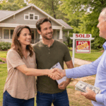 Homeowners shaking hands with a buyer in front of their house after agreeing to a cash home sale.