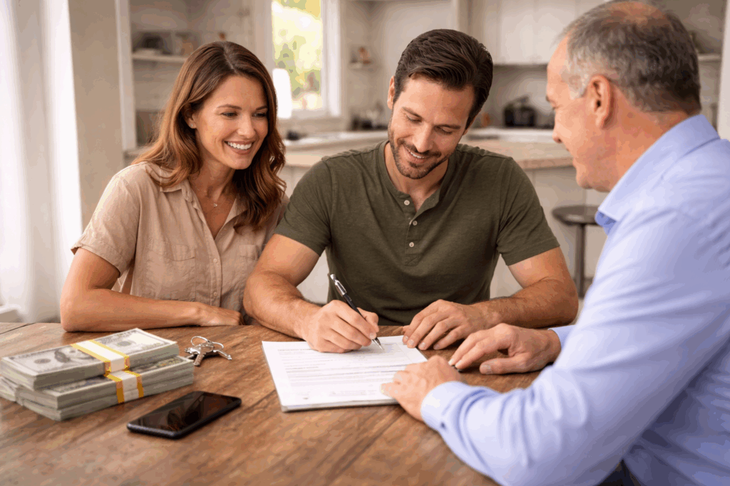 Couple signing a home sale contract with a cash buyer at a wooden table with stacks of cash, house keys, and a smartphone nearby.