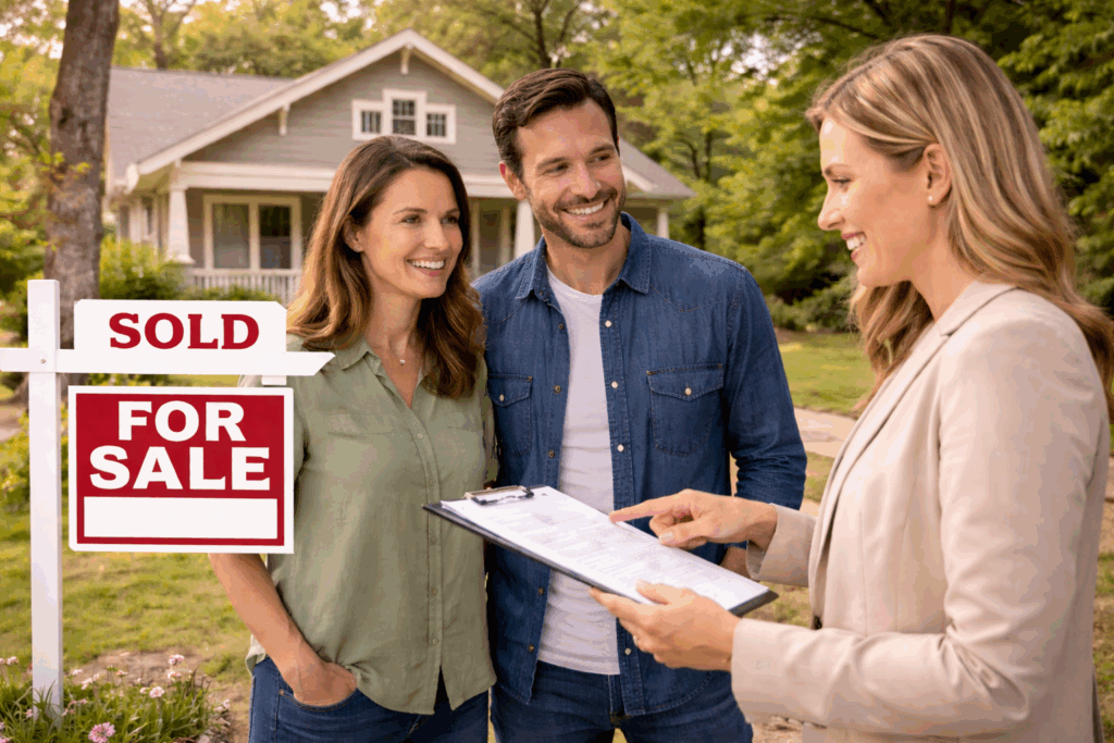 Real estate agent discussing paperwork with a smiling couple in front of their newly sold suburban home.