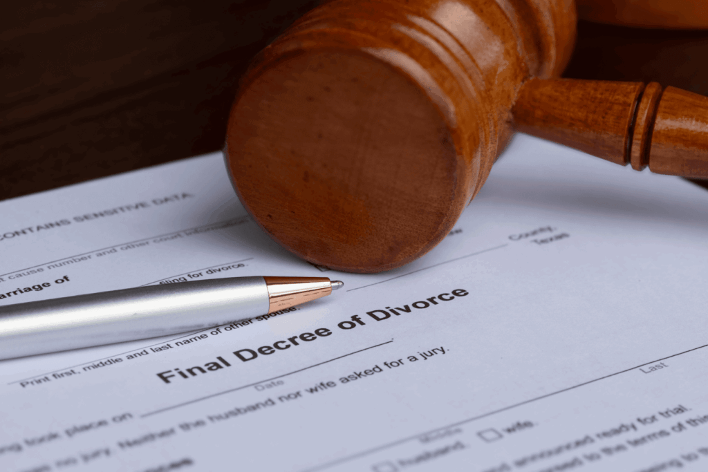Judge’s gavel and pen placed on a final divorce decree document.