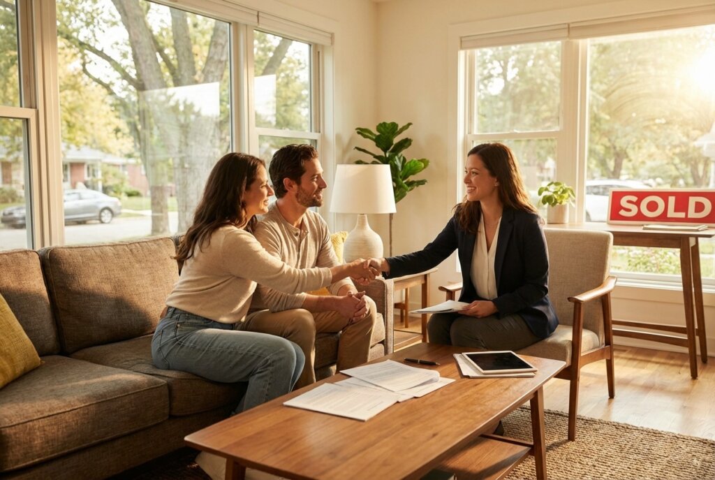 Landlord meeting with tenants in a living room to discuss an eviction notice, shaking hands while paperwork sits on the coffee table, and a sold sign is visible in the background.