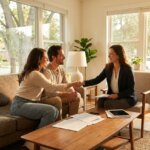 Landlord meeting with tenants in a living room to discuss an eviction notice, shaking hands while paperwork sits on the coffee table, and a sold sign is visible in the background.