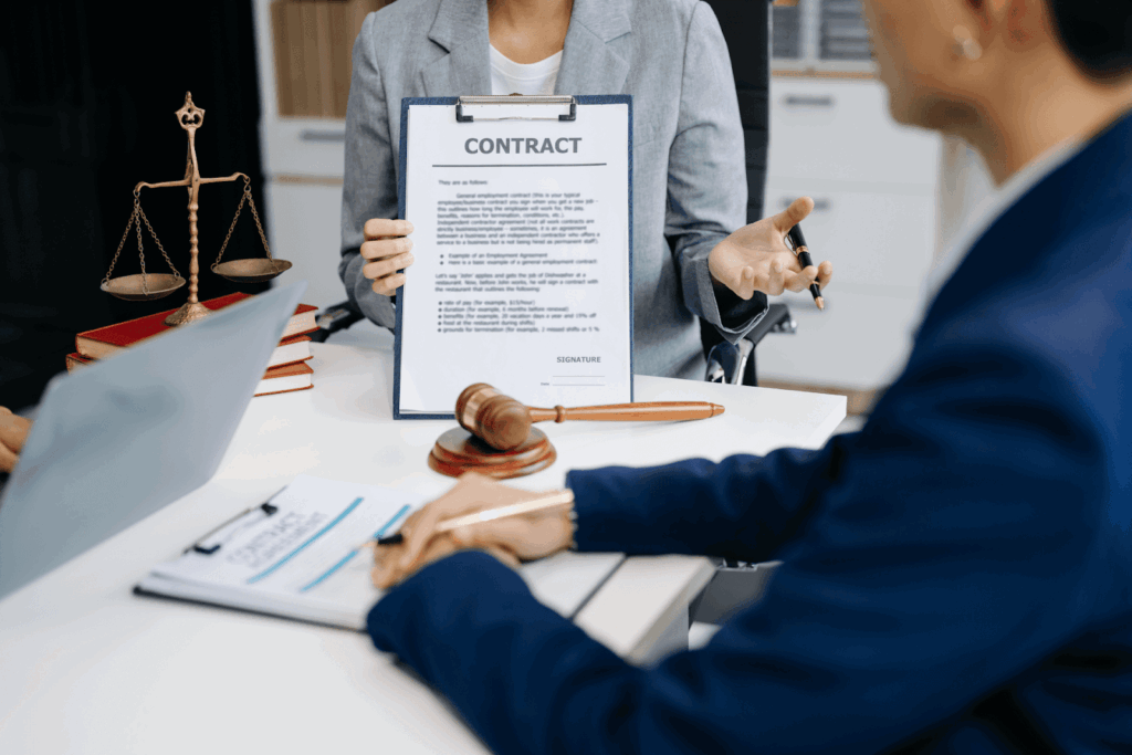 Legal professional presenting a contract to clients at a desk with a gavel and scales of justice, representing landlord laws and property sale agreements.