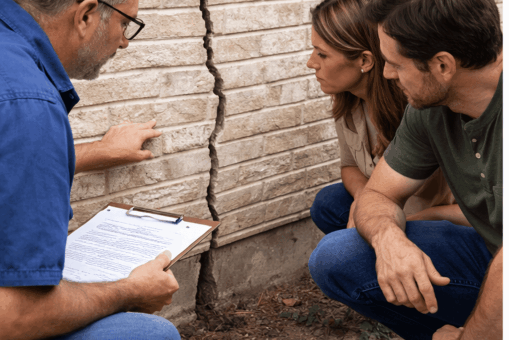 Home inspector showing a couple a large crack in the brick foundation of their house during an inspection.