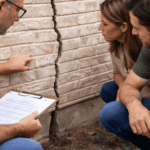 Home inspector showing a couple a large crack in the brick foundation of their house during an inspection.