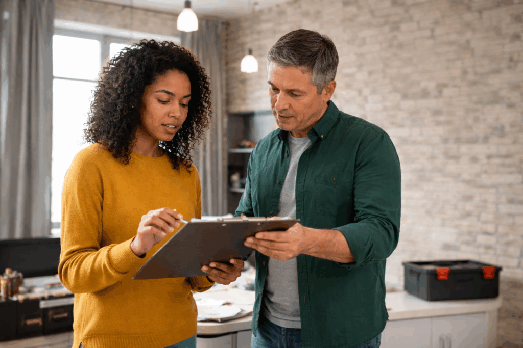 Tenant reviewing a rental agreement with a property manager inside an apartment, illustrating renter rights and lease responsibilities.
