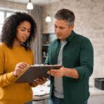 Tenant reviewing a rental agreement with a property manager inside an apartment, illustrating renter rights and lease responsibilities.