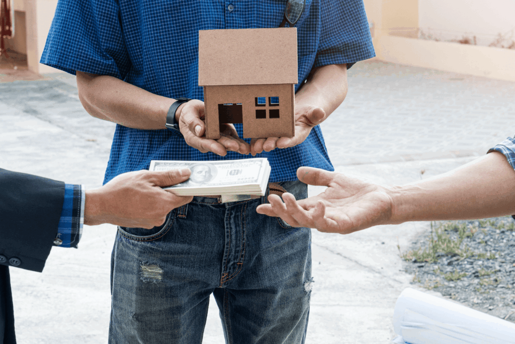Person holding a small house model while another hand offers cash, symbolizing a property sale or real estate transaction.