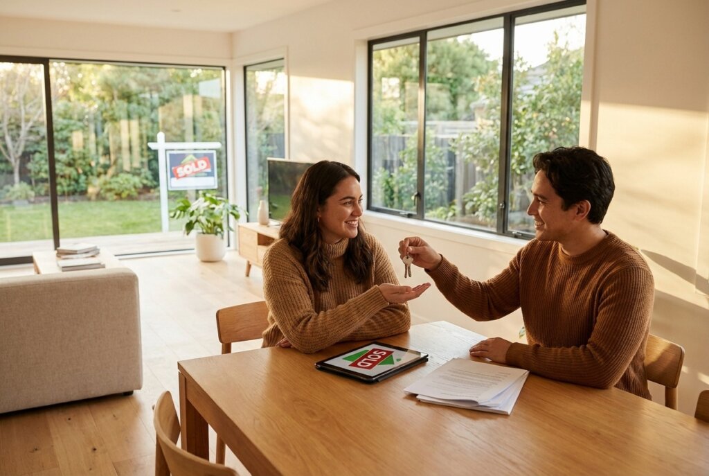 Man handing keys to a smiling woman at a table with a "SOLD" sign in the background, bathed in warm sunlight.