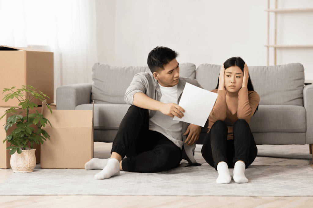Worried couple sitting on the floor of their living room surrounded by moving boxes while reviewing a document about moving out.