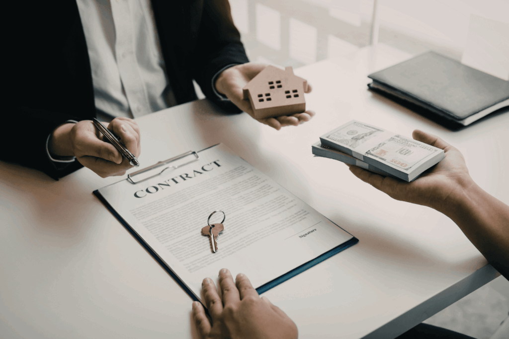Real estate agent holding a small house model while a buyer offers a stack of cash over a signed contract with house keys on the table.
