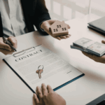 Real estate agent holding a small house model while a buyer offers a stack of cash over a signed contract with house keys on the table.