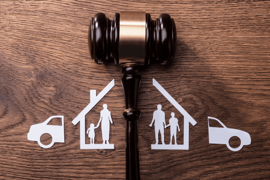  Judge’s gavel beside paper cutouts of two families with houses and cars, symbolizing property division during divorce.