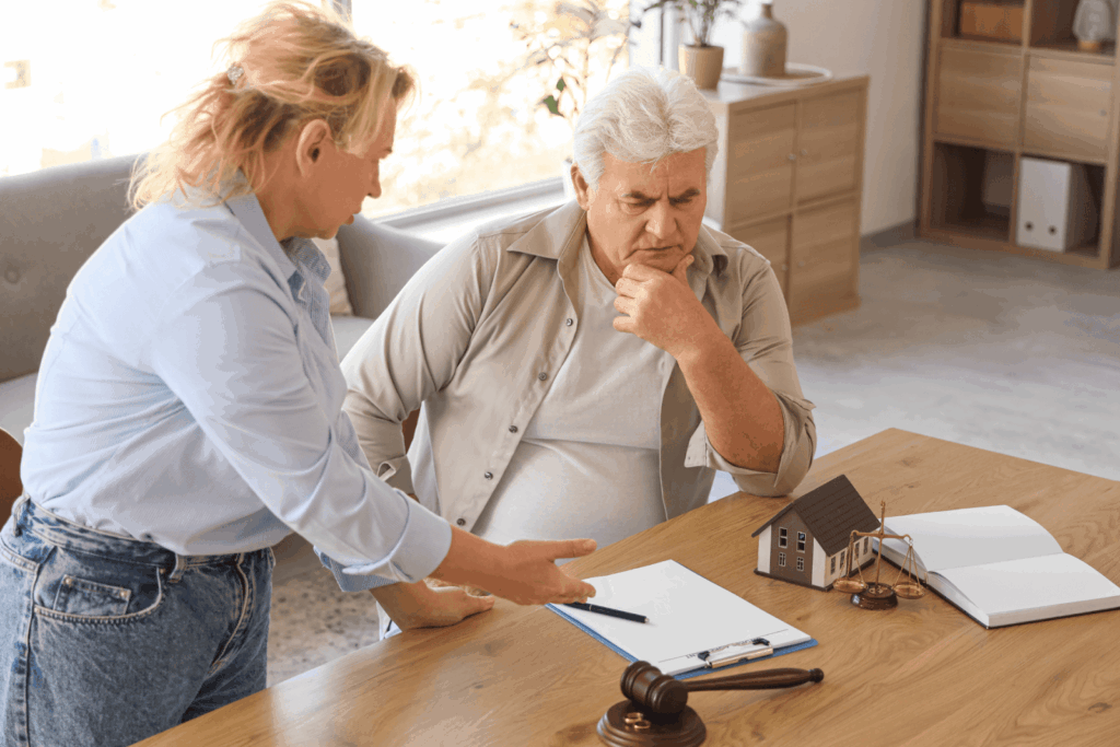 Divorcing couple discussing property division with documents, house model, and legal gavel on a table.