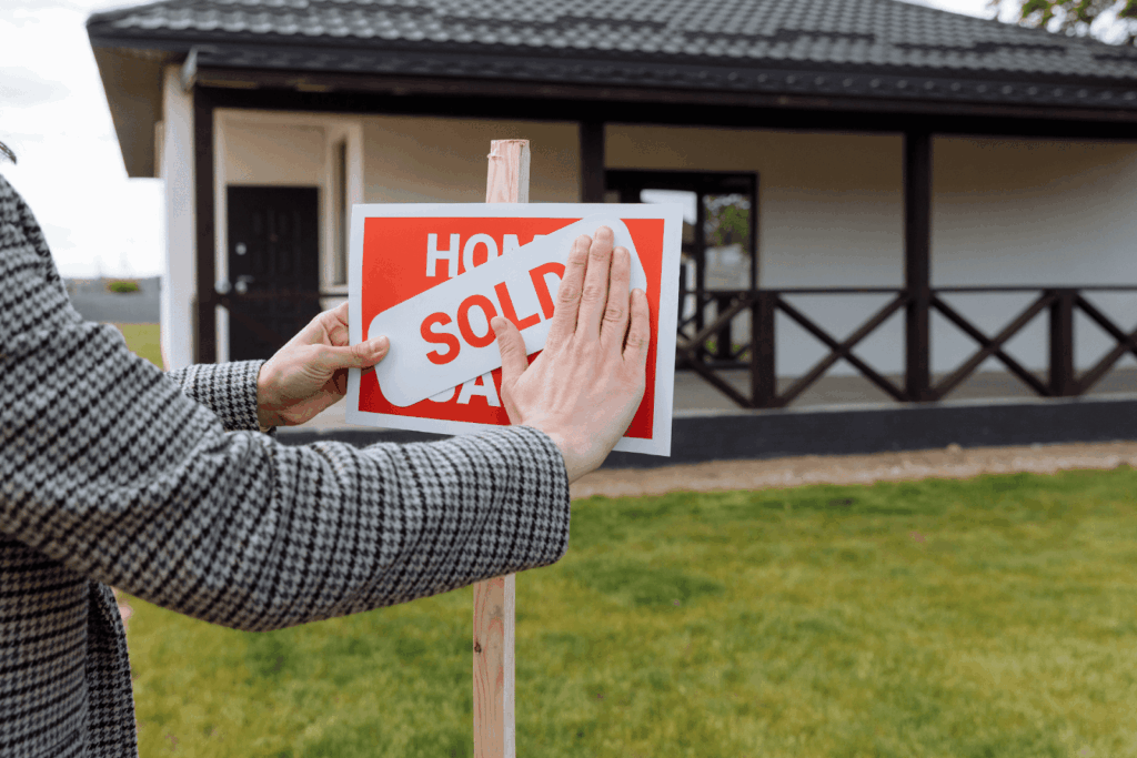 Landlord placing a “sold” sticker over a home for sale sign in front of a residential property.