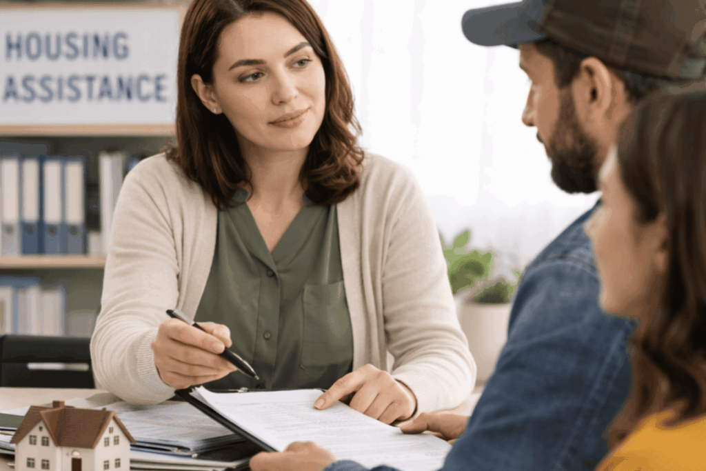 Housing counselor helping applicants with paperwork.
