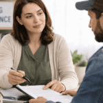 Housing counselor helping applicants with paperwork.