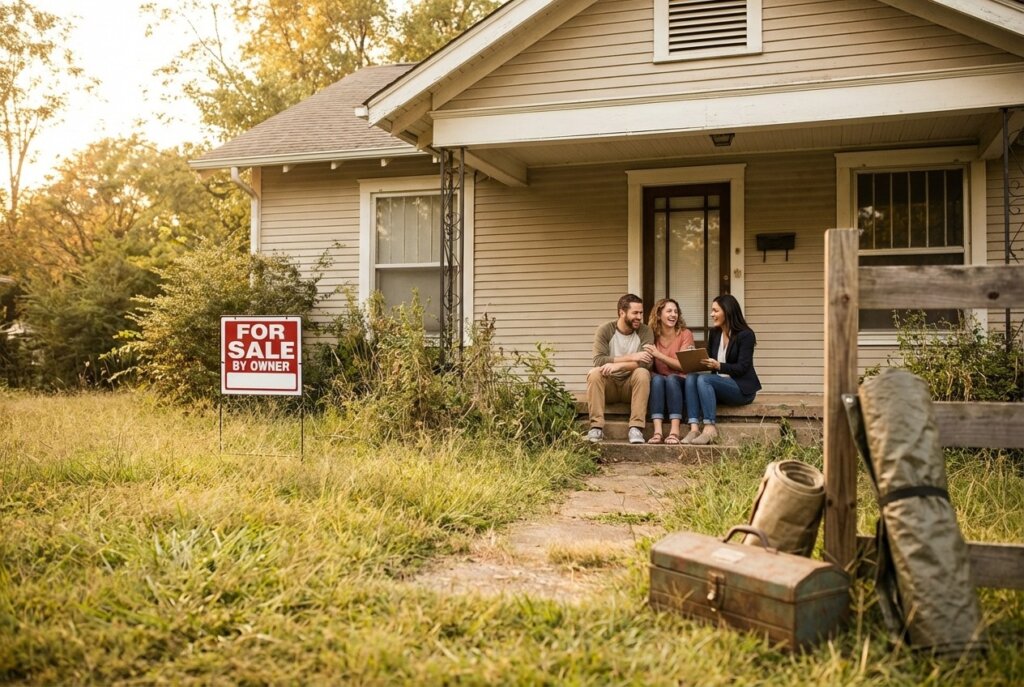 A "For Sale By Owner" sign in an overgrown yard with a couple and a realtor on the porch of a beige house.