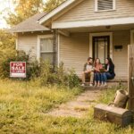 A "For Sale By Owner" sign in an overgrown yard with a couple and a realtor on the porch of a beige house.