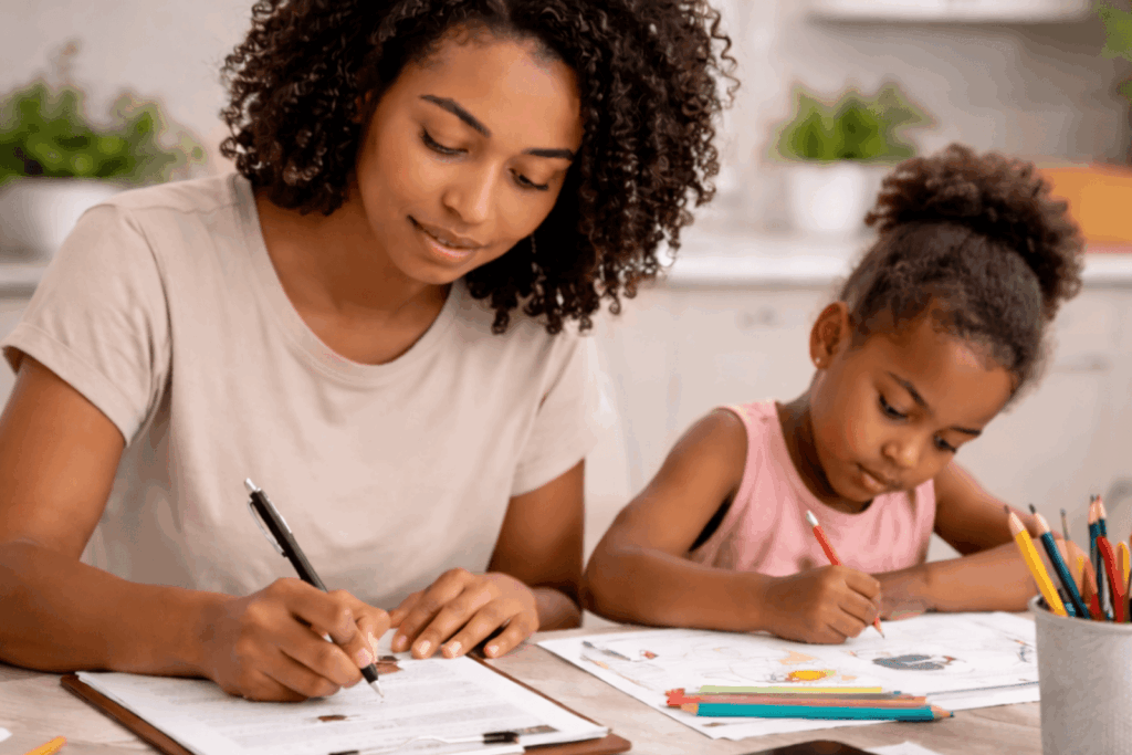 Mother filling out housing assistance paperwork while her child draws.