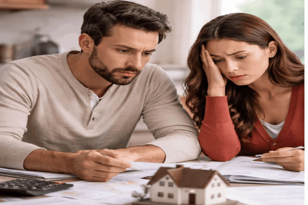 Stressed couple reviewing financial paperwork and a model house while discussing selling their home during divorce.