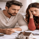 Stressed couple reviewing financial paperwork and a model house while discussing selling their home during divorce.