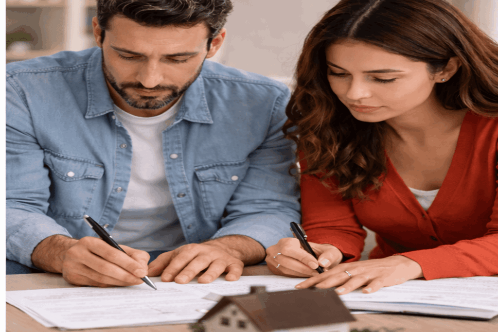 Married couple reviewing and signing house documents with a small home model on the table while discussing property decisions during a divorce.