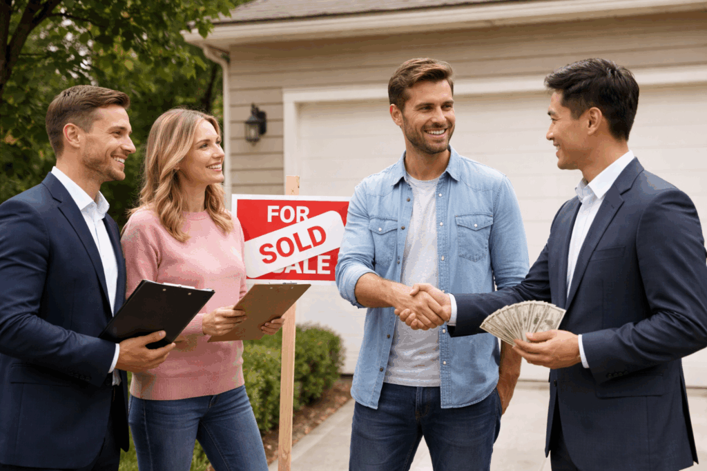  Homeowners shaking hands with a real estate investor in front of a house with a “For Sale Sold” sign, representing a successful home sale to an investor.