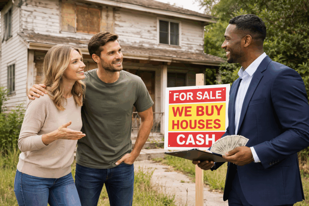 Homeowners talking with a real estate investor offering cash for a distressed property in front of an older house needing repairs.