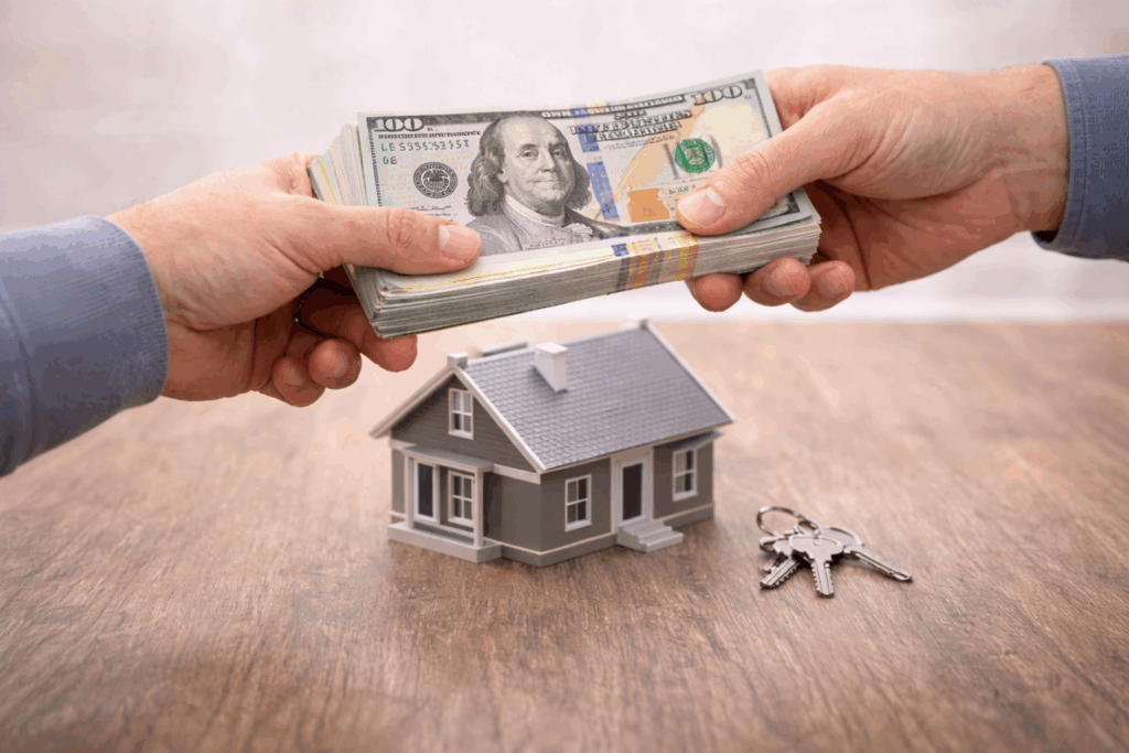 Hands exchanging a stack of cash above a small house model and keys on a wooden table, representing a quick cash home sale transaction.