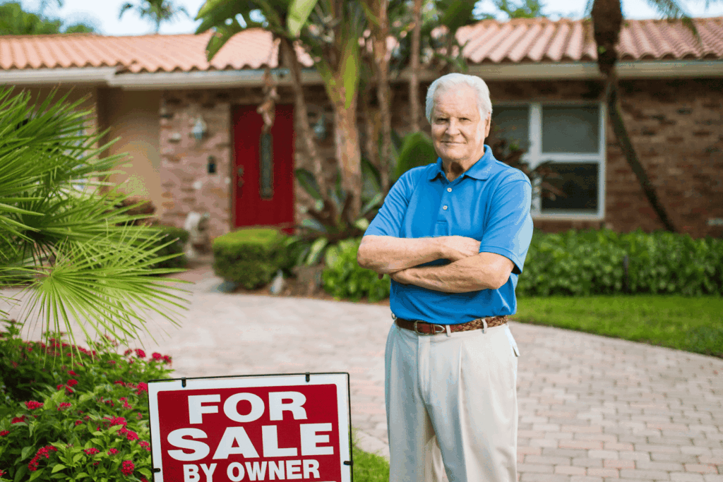 Homeowner standing in front of his house with a “For Sale by Owner” sign in the yard, representing a property being sold directly by the owner.