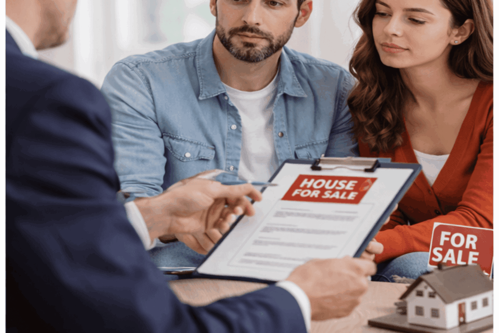 Couple meeting with a real estate professional reviewing a house for sale document and discussing options for selling their home and exiting a mortgage.
