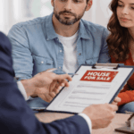 Couple meeting with a real estate professional reviewing a house for sale document and discussing options for selling their home and exiting a mortgage.