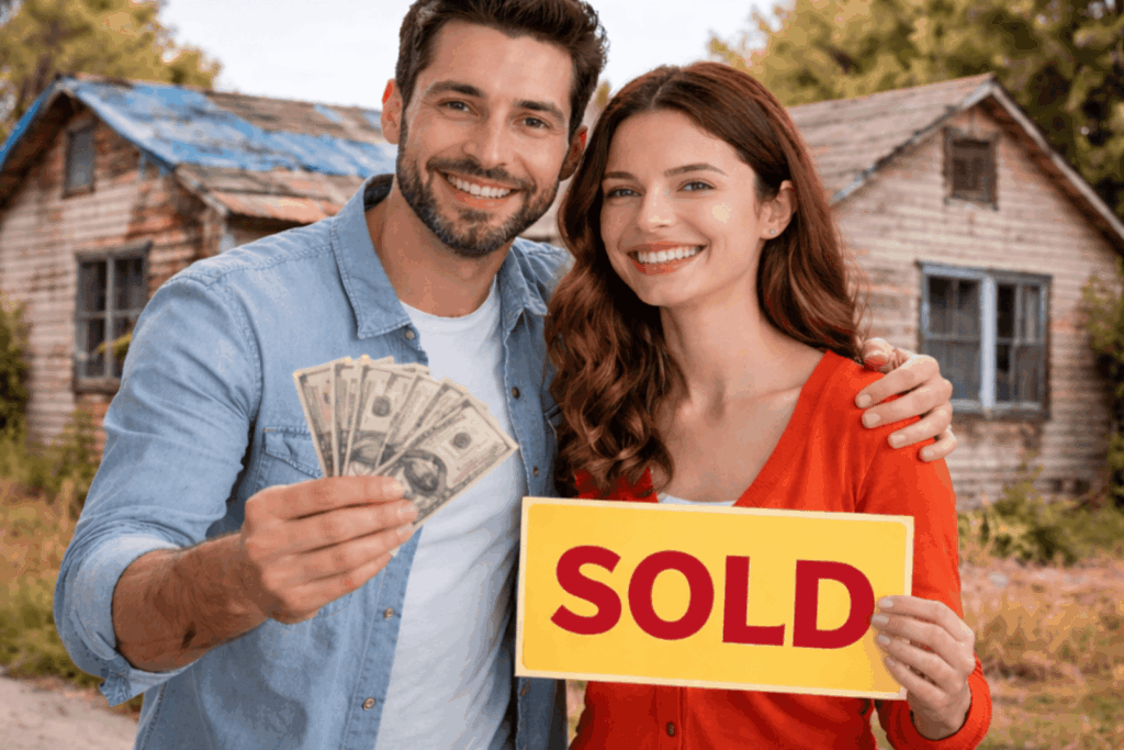 Happy couple holding cash and a sold sign in front of a distressed house after selling their property quickly.