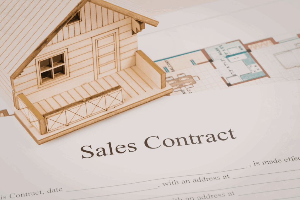 Wooden model house placed on a real estate sales contract document with architectural floor plans.