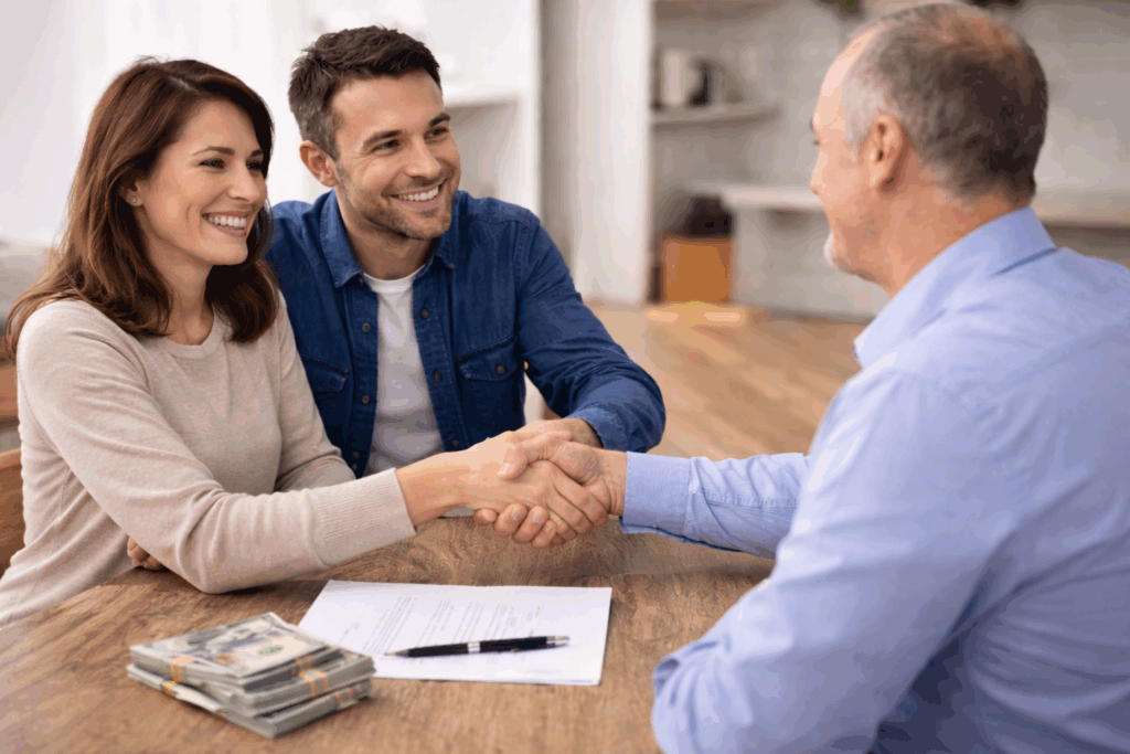Couple smiling and shaking hands with a real estate investor at a table with a contract and a stack of cash, symbolizing a fast home sale with a cash buyer.