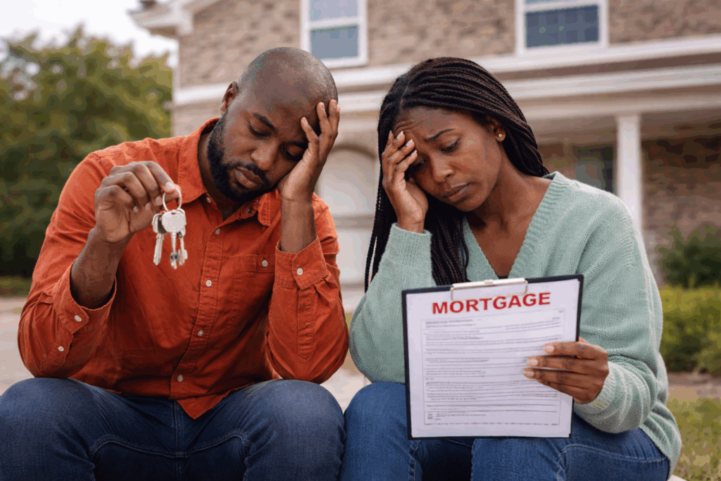 Concerned couple reviewing mortgage documents and house keys while sitting outside their home.