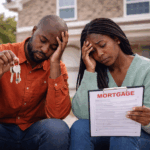 Concerned couple reviewing mortgage documents and house keys while sitting outside their home.